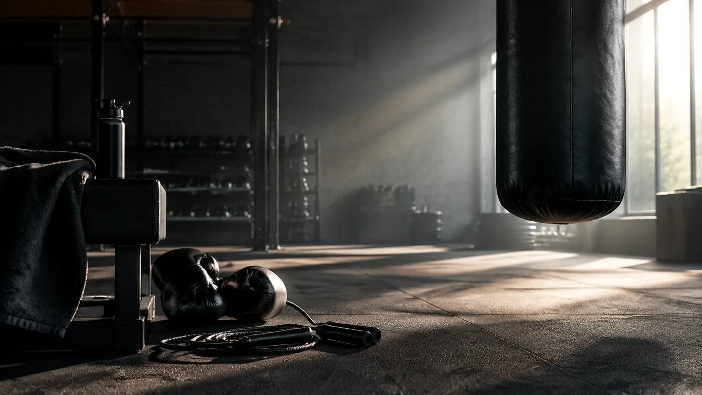 Athlète qui s’entraîne au sac de frappe dans une salle de boxe concentrée
